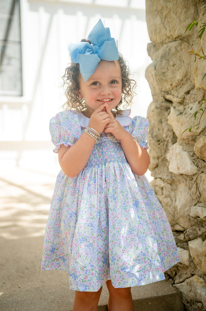 Shop Teeta Girls Pink & Blue Ashley Floral Smocked Ava Dress - Scallop Collar by Shop Teeta