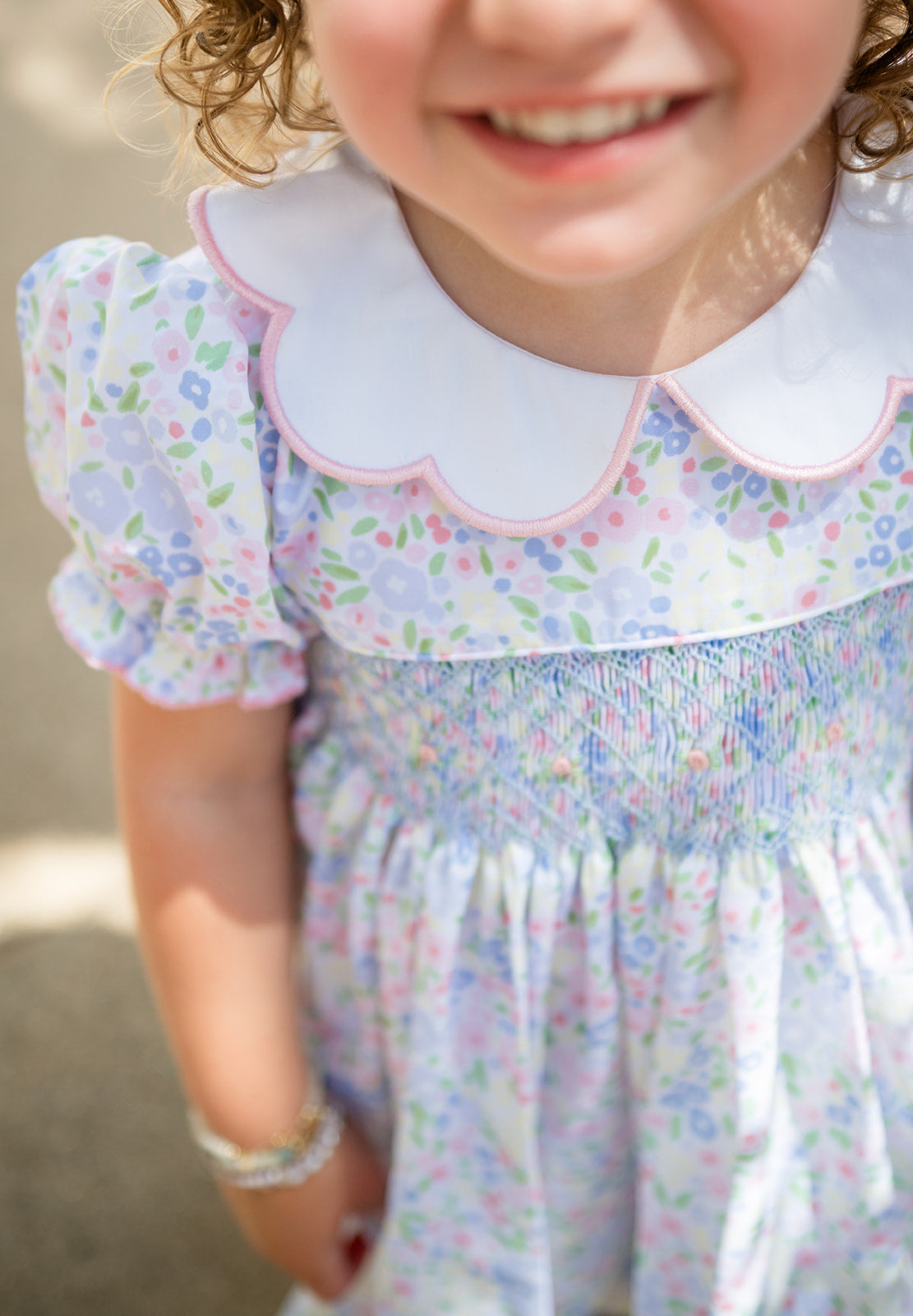 Shop Teeta Girls Pink & Blue Ashley Floral Smocked Ava Dress - Scallop Collar