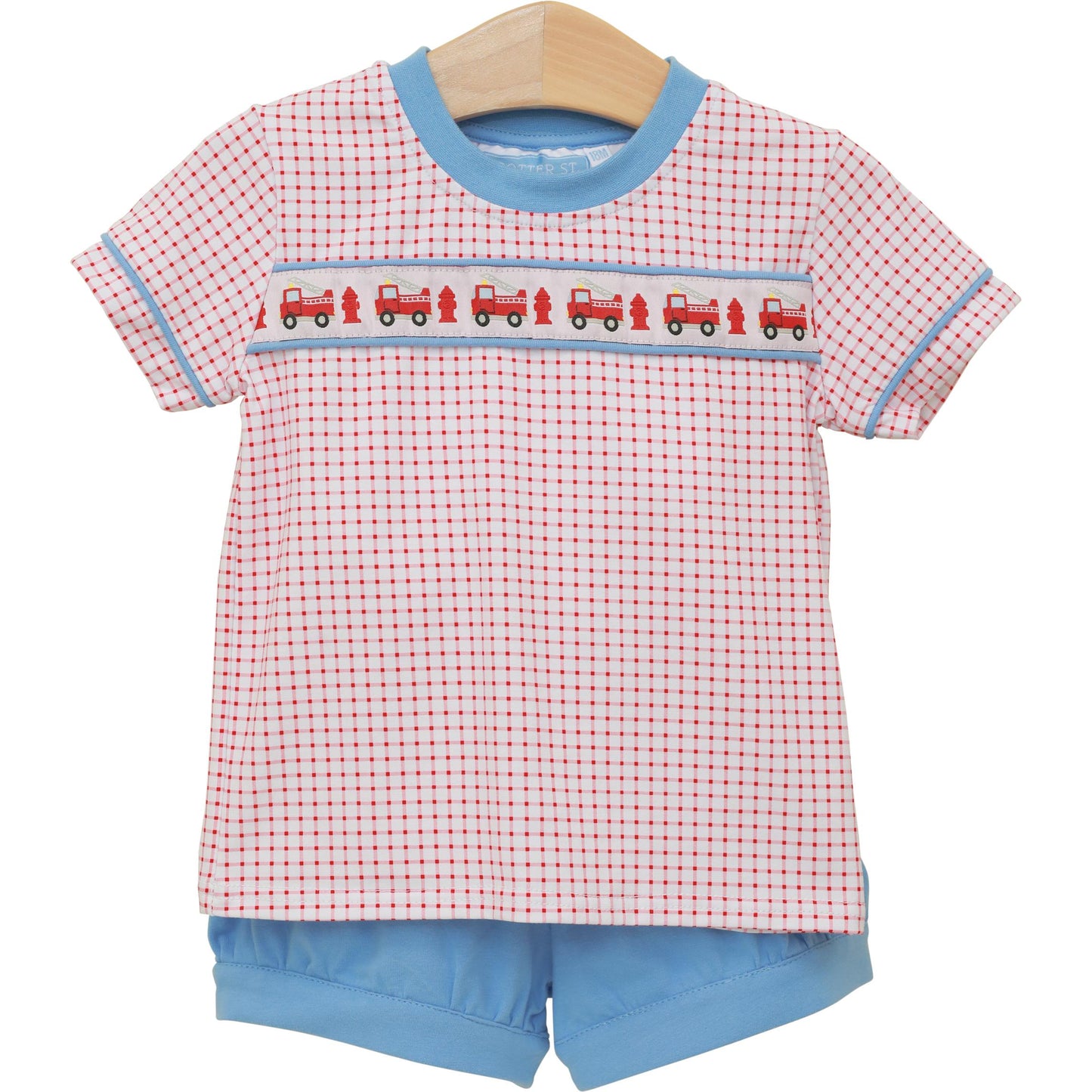 Trotter Street Kids Boys Red Check Sound the Fire Alarm Shirt with Blue Banded Shorts by Trotter Street Kids