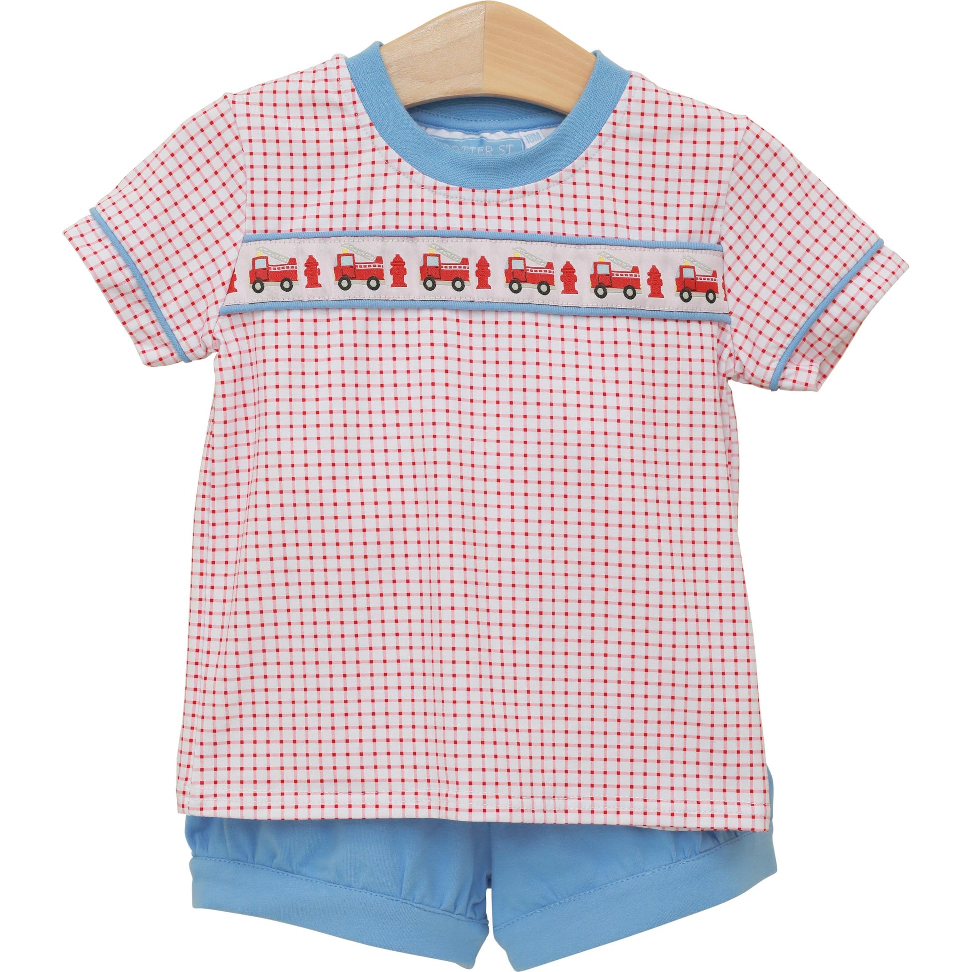 Trotter Street Kids Boys Red Check Sound the Fire Alarm Shirt with Blue Banded Shorts