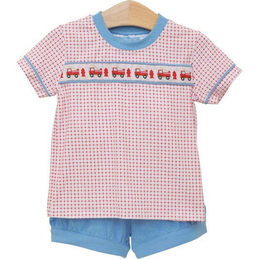 Trotter Street Kids Boys Red Check Sound the Fire Alarm Shirt with Blue Banded Shorts by Trotter Street Kids