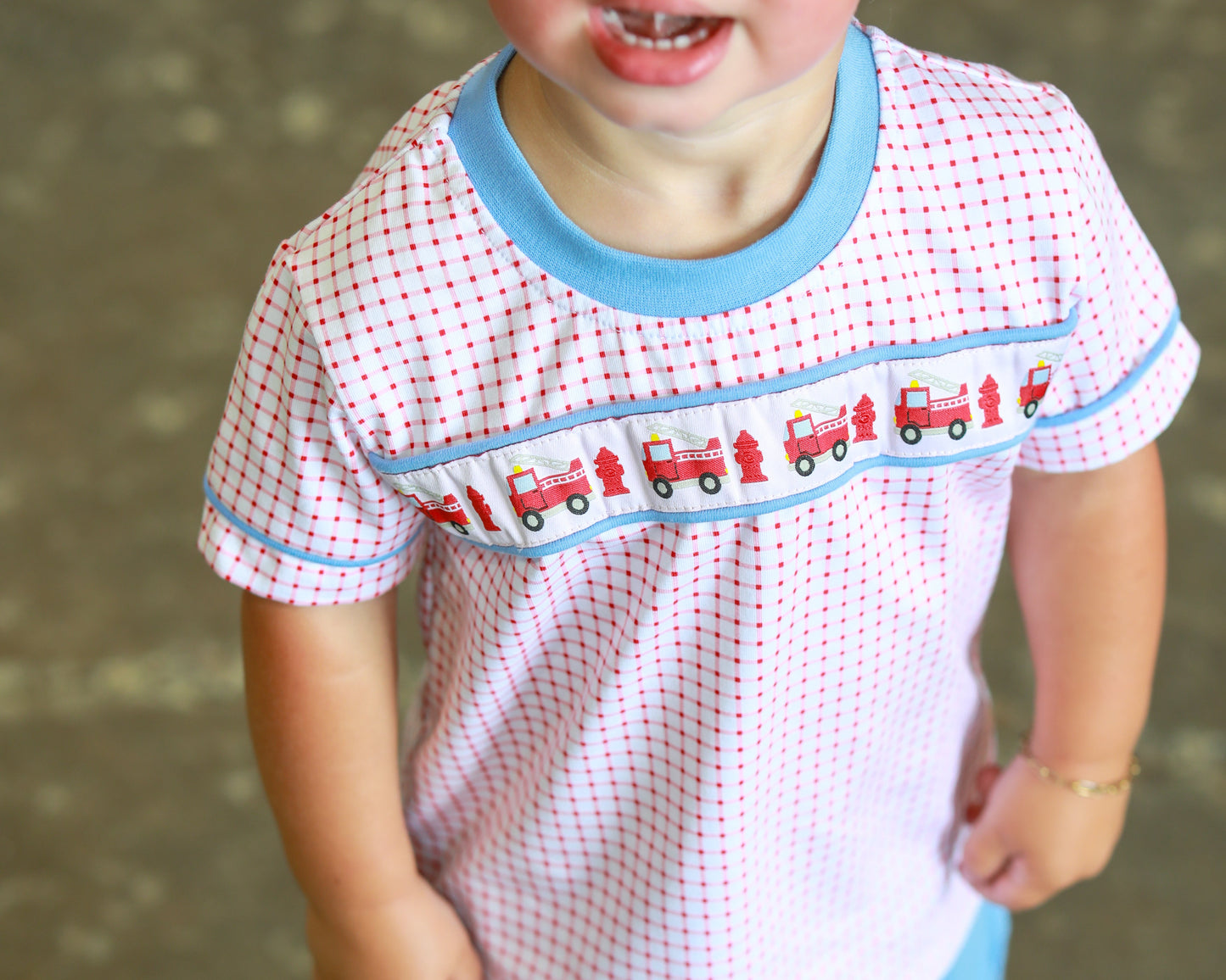 Trotter Street Kids Boys Red Check Sound the Fire Alarm Shirt with Blue Banded Shorts by Trotter Street Kids