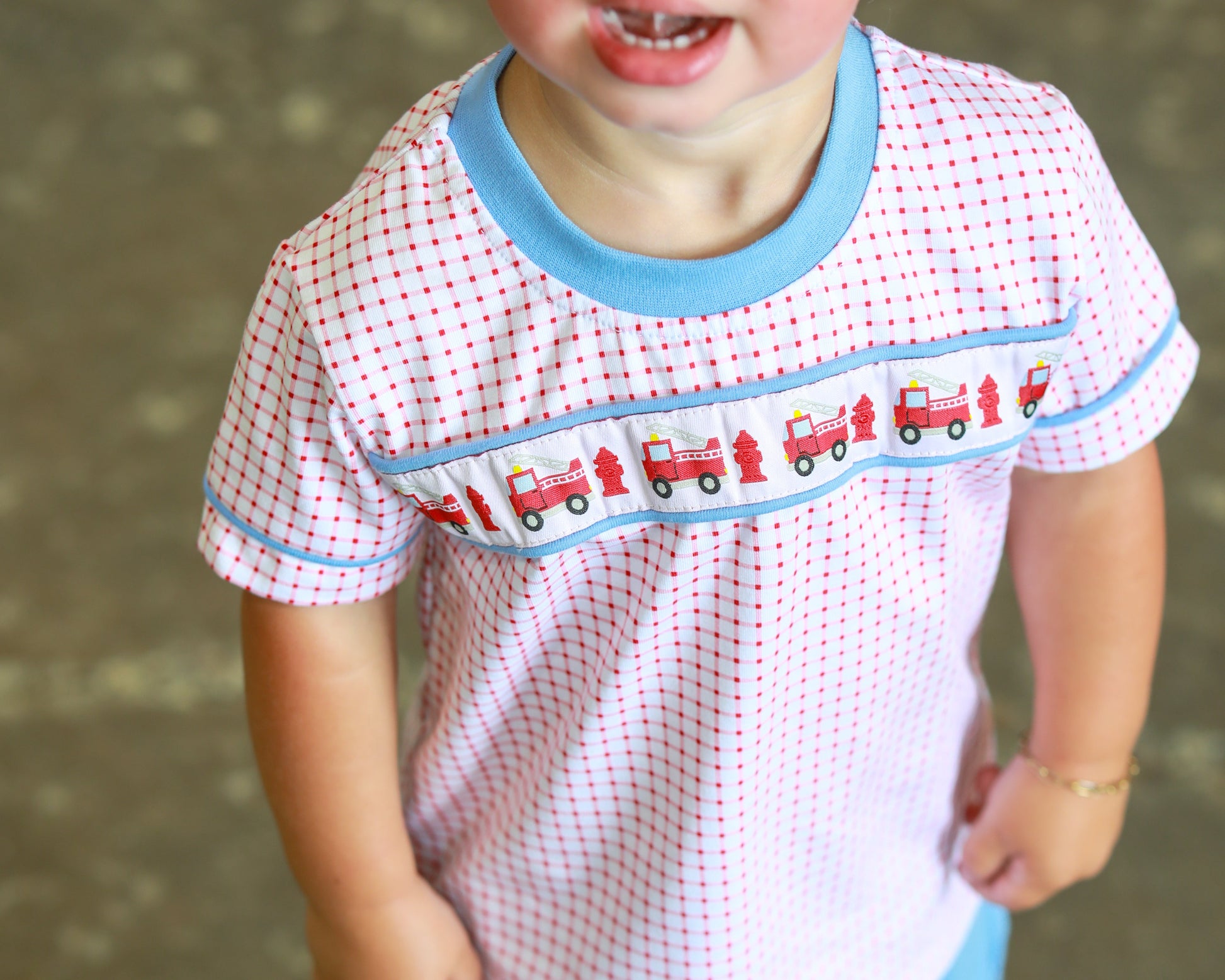 Trotter Street Kids Boys Red Check Sound the Fire Alarm Shirt with Blue Banded Shorts