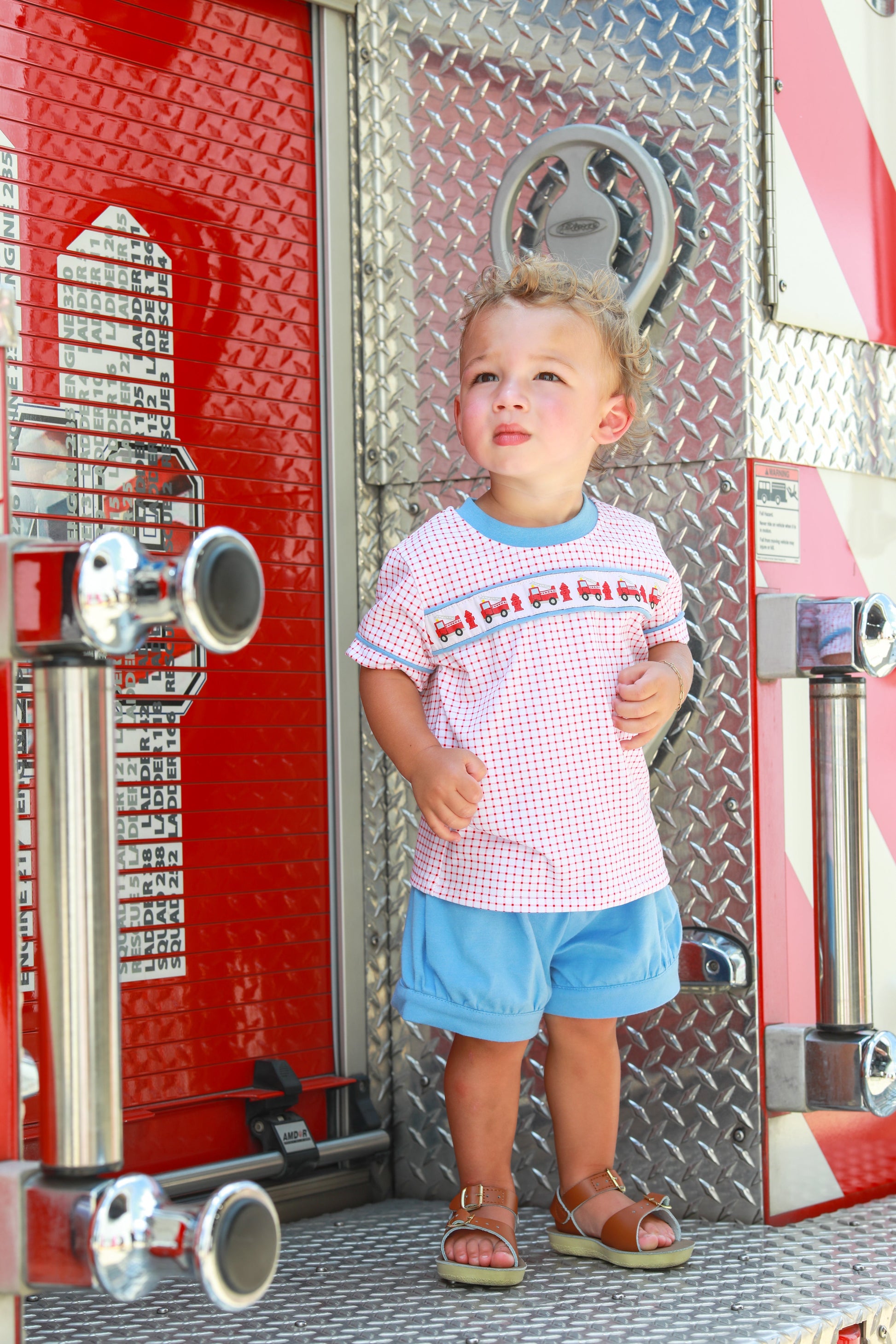 Trotter Street Kids Boys Red Check Sound the Fire Alarm Shirt with Blue Banded Shorts