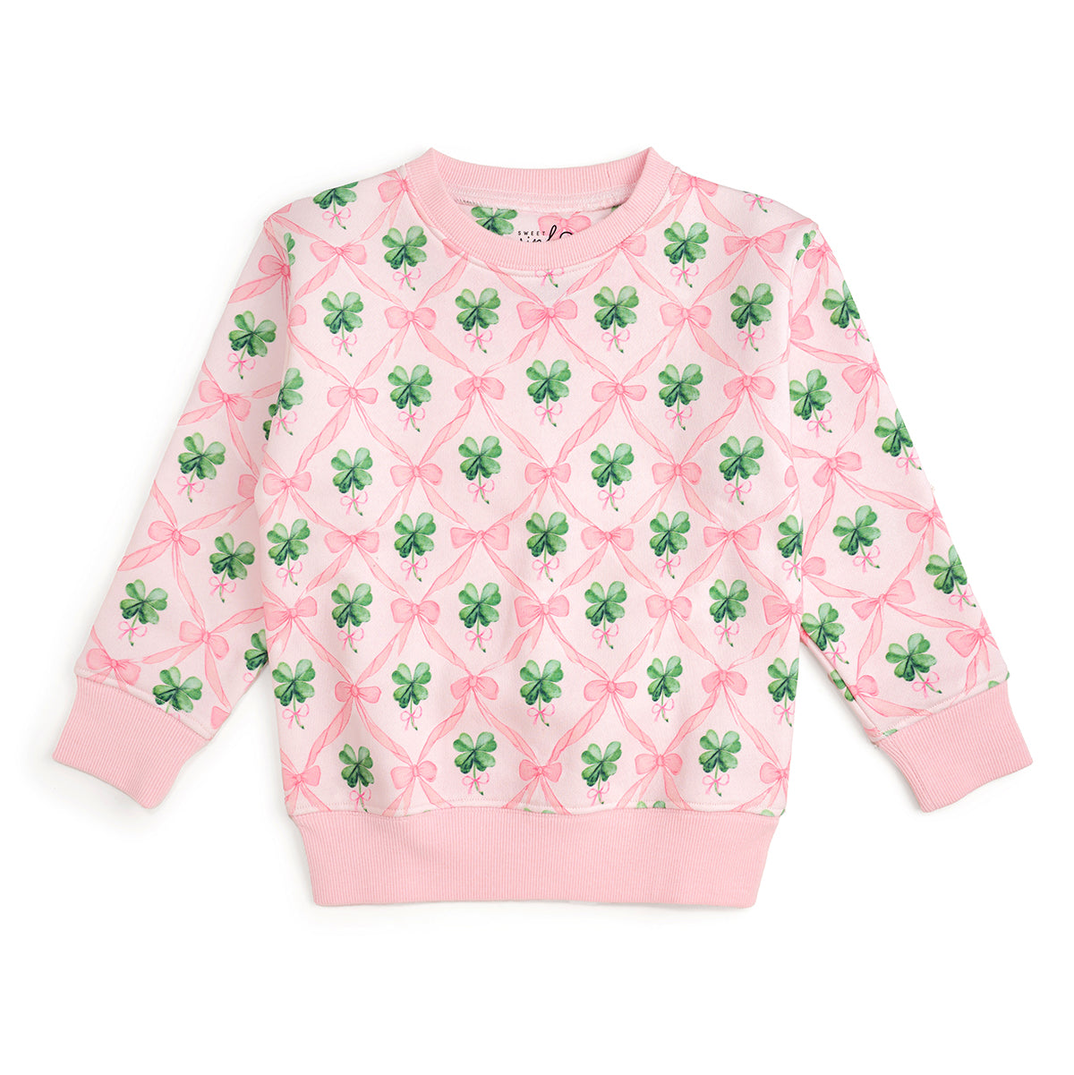 Sweet Wink Girls Pink Bows & Green Shamrocks Coquette Clover Sweatshirt by Sweet Wink