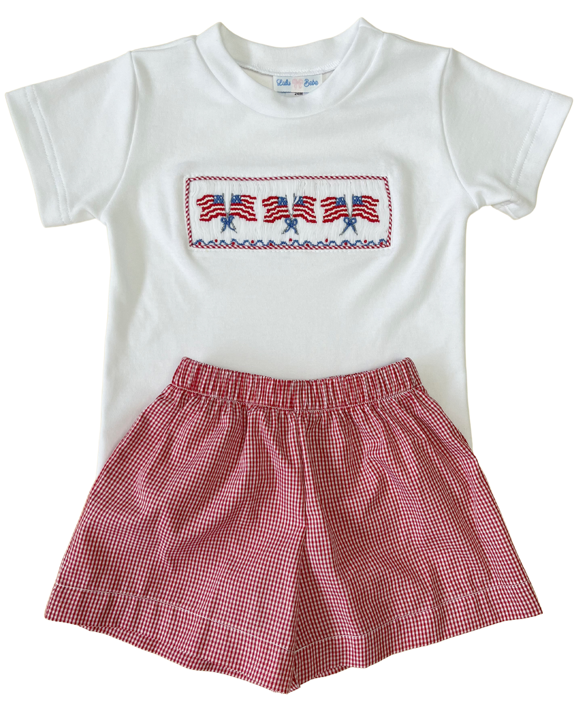 LuLu BeBe Boys Tom Set - Red Gingham Shorts with Smocked Flags Shirt