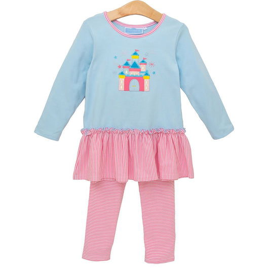 Trotter Street Kids Girls Blue & Pink Castle Ruffle Tunic & Leggings Set