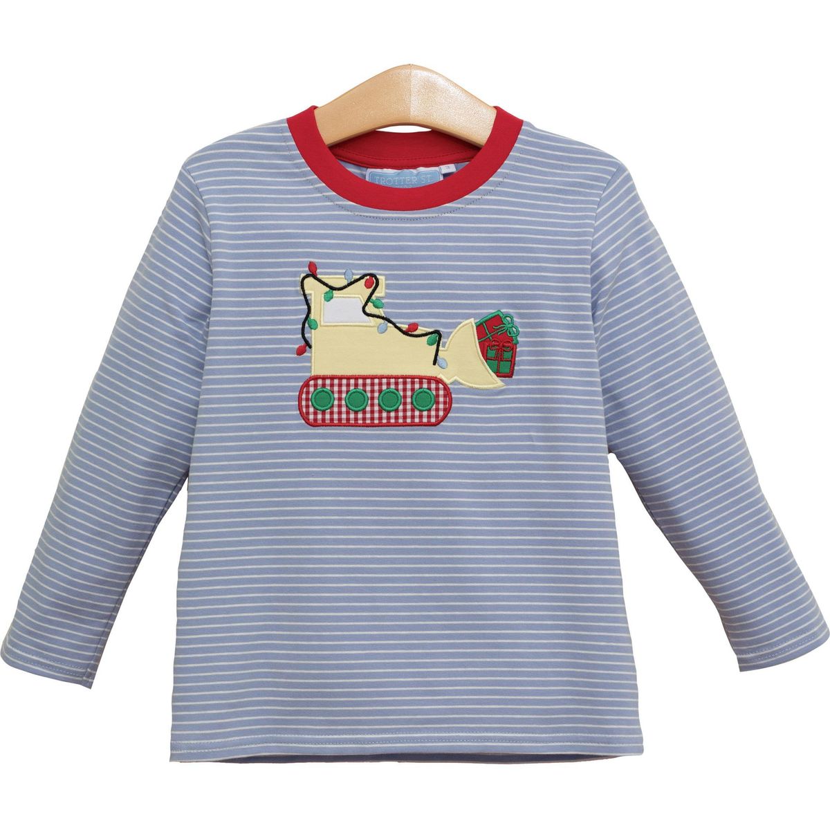 Trotter Street Kids Boys Blue Striped Shirt - Construction Truck Christmas
