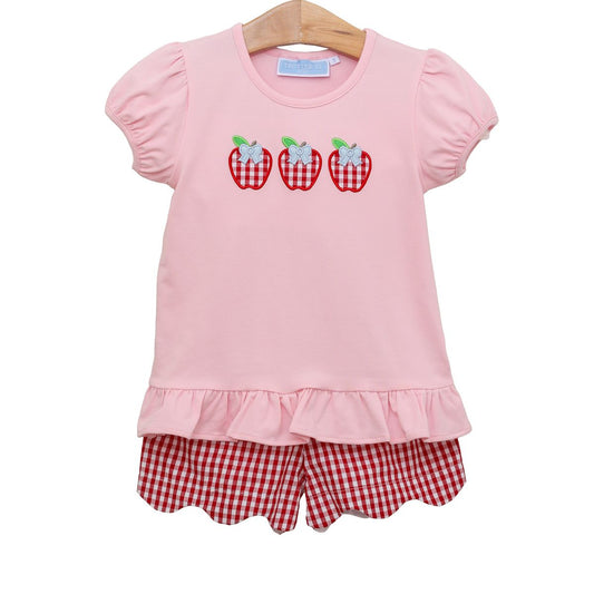 Trotter Street Girls Red Gingham Scallop Shorts with Pink Apple Trio Top