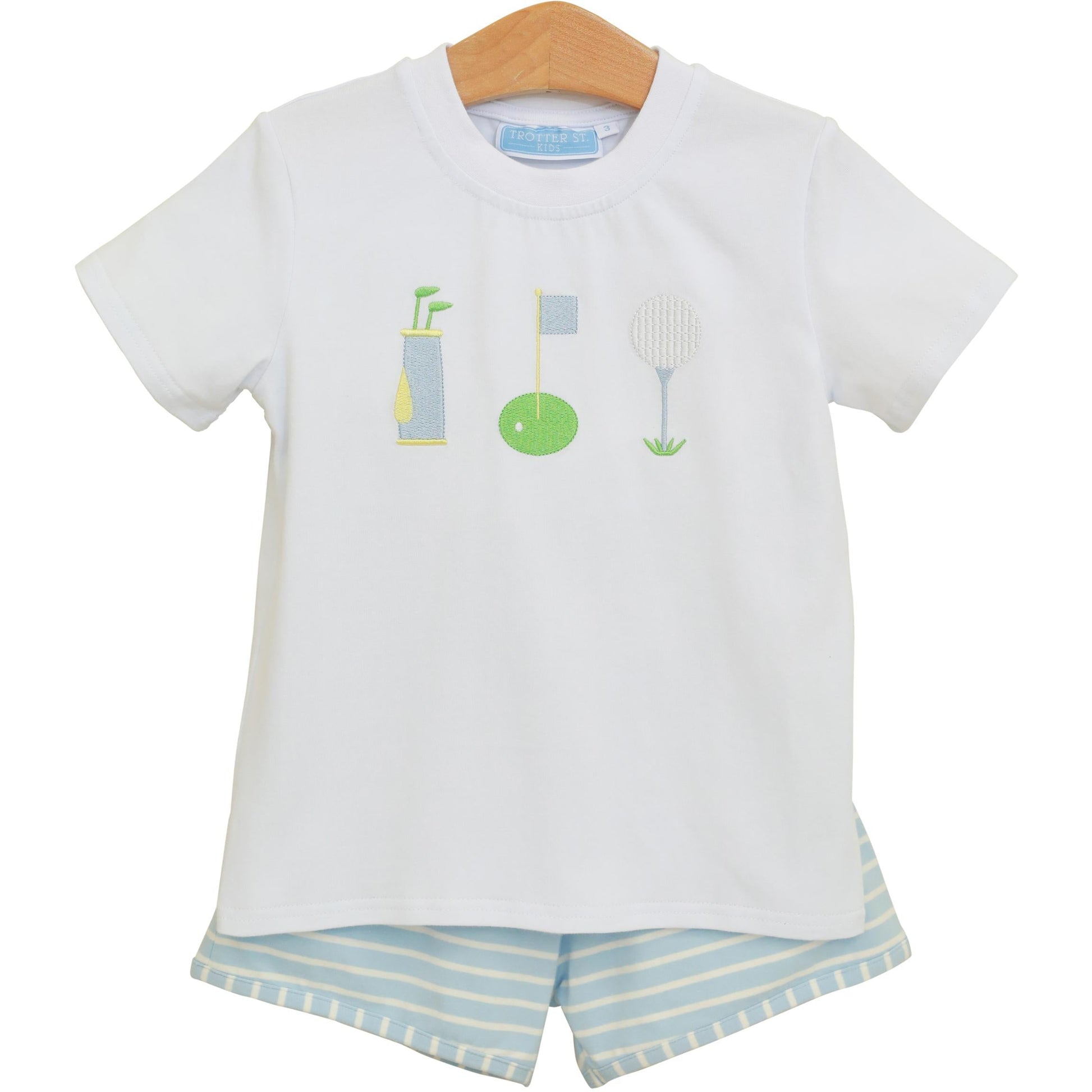 Trotter Street Kids Boys Green Stripe Shorts with Golf Tee Time Shirt