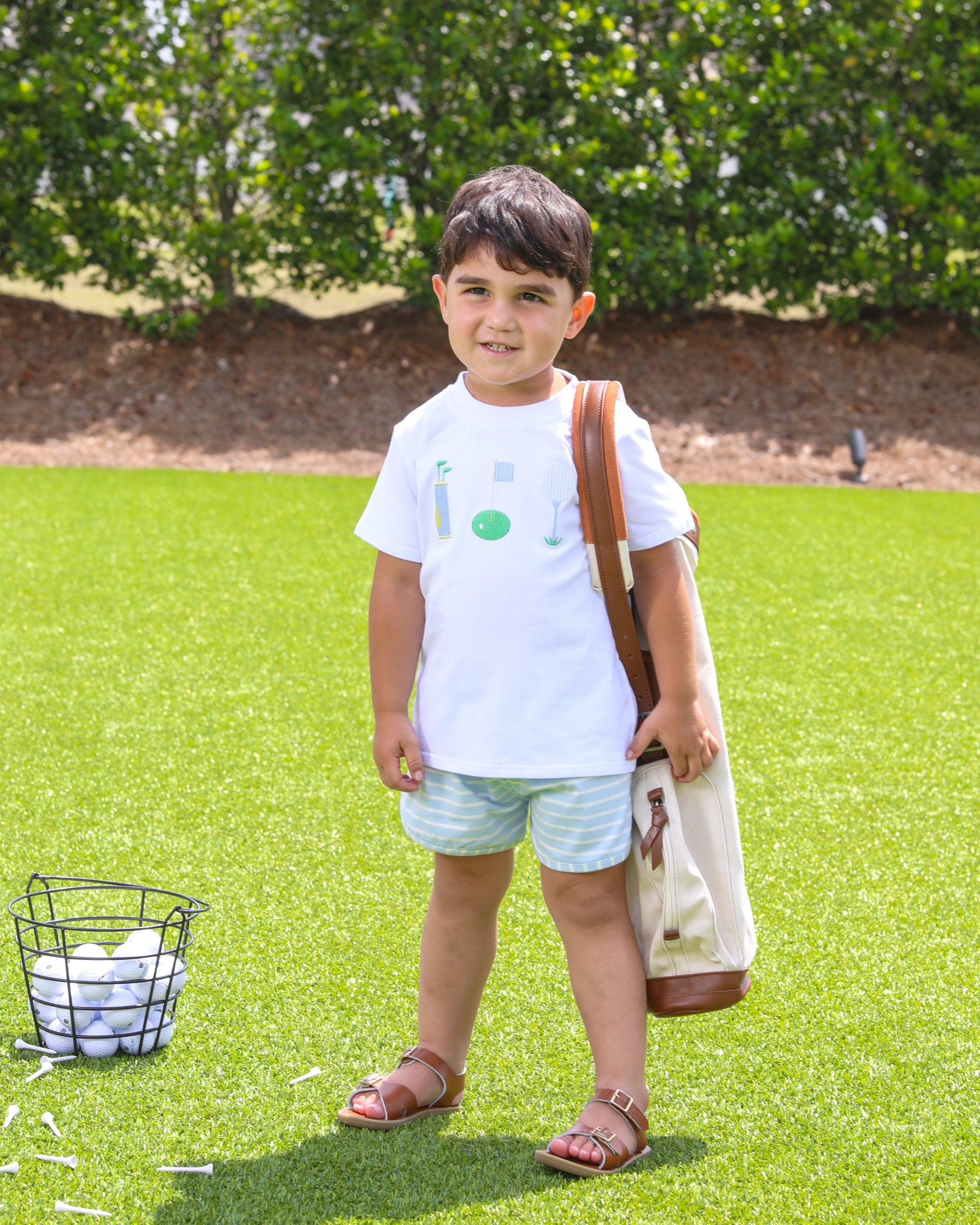 Trotter Street Kids Boys Green Stripe Shorts with Golf Tee Time Shirt