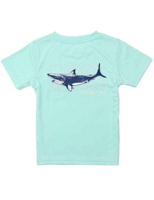 Properly Tied Boys Performance Tee Shirt - Logo Pocket on Front - Back Graphic - Topo Shark on Seafoam Green by Properly Tied