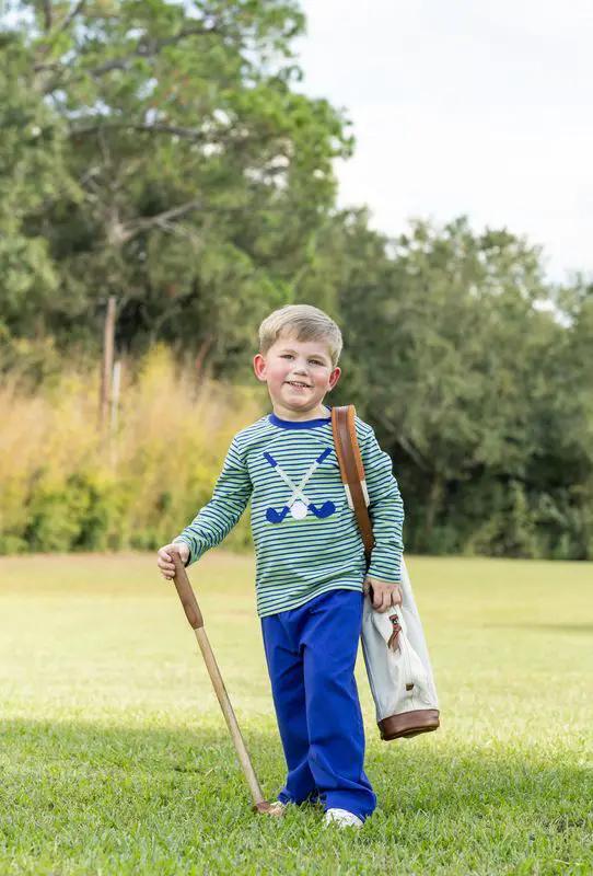 Trotter Street Kids Boys Green Stripe Golf Pant Set with Blue Pants