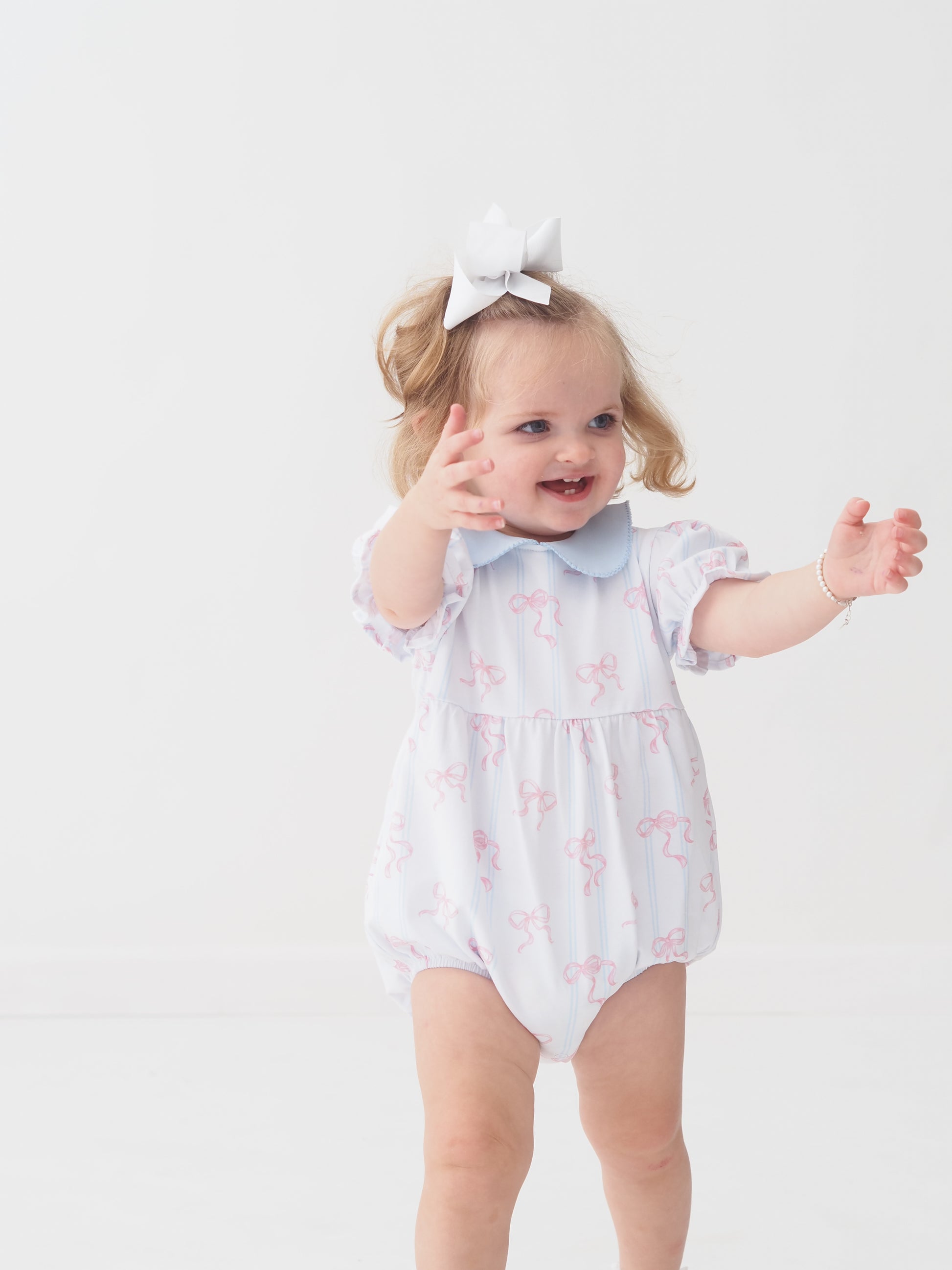 Cypress Row Baby Girls Collins Bubble - Pink Bowtiful Bows - Blue Collar