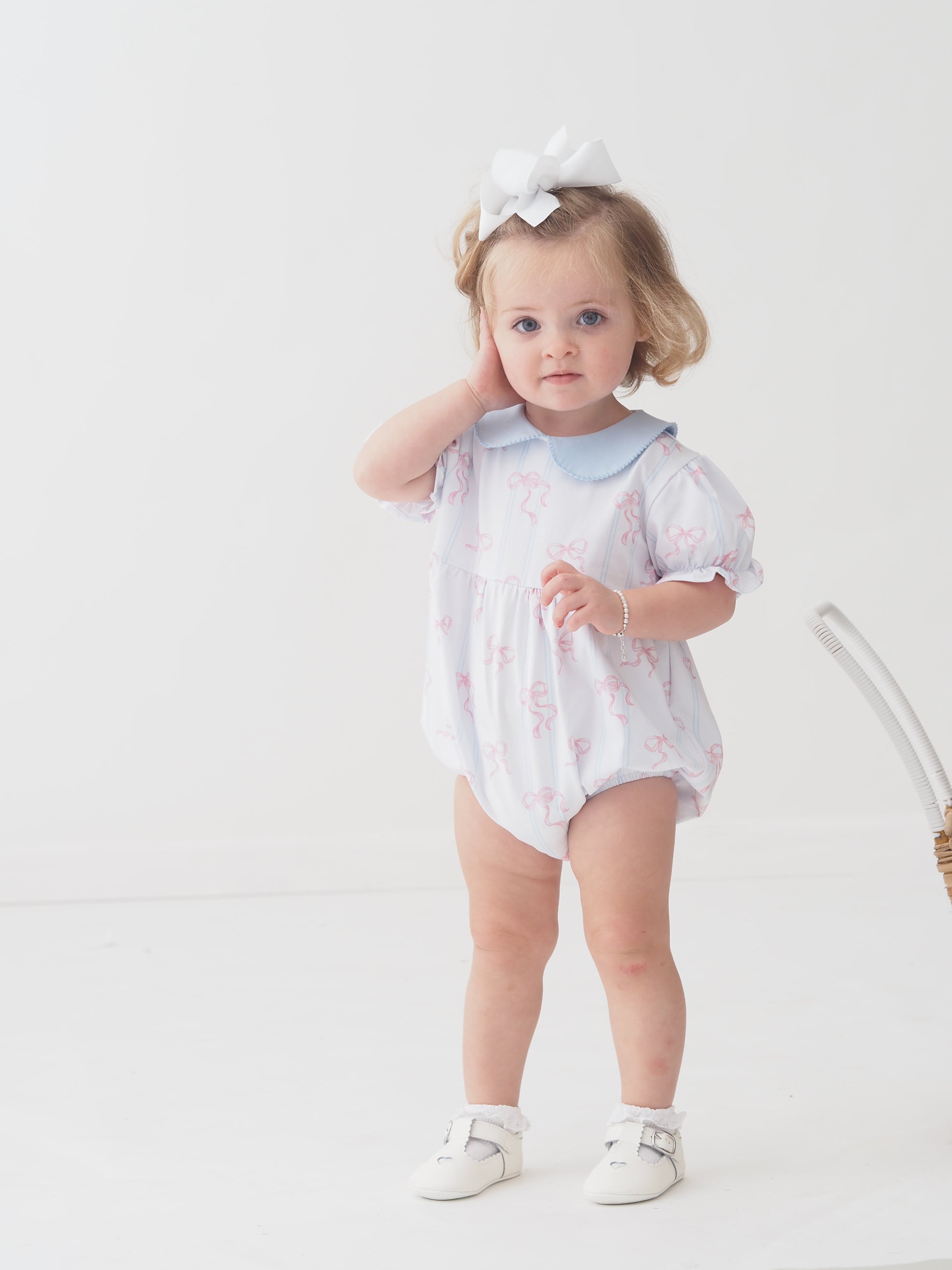 Cypress Row Baby Girls Collins Bubble - Pink Bowtiful Bows - Blue Collar