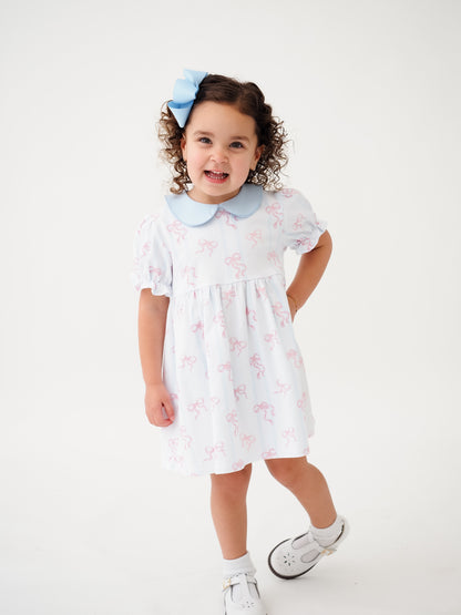 Cypress Row Girls Collins Dress - Pink Bowtiful Bows with Blue Collar by Cypress Row