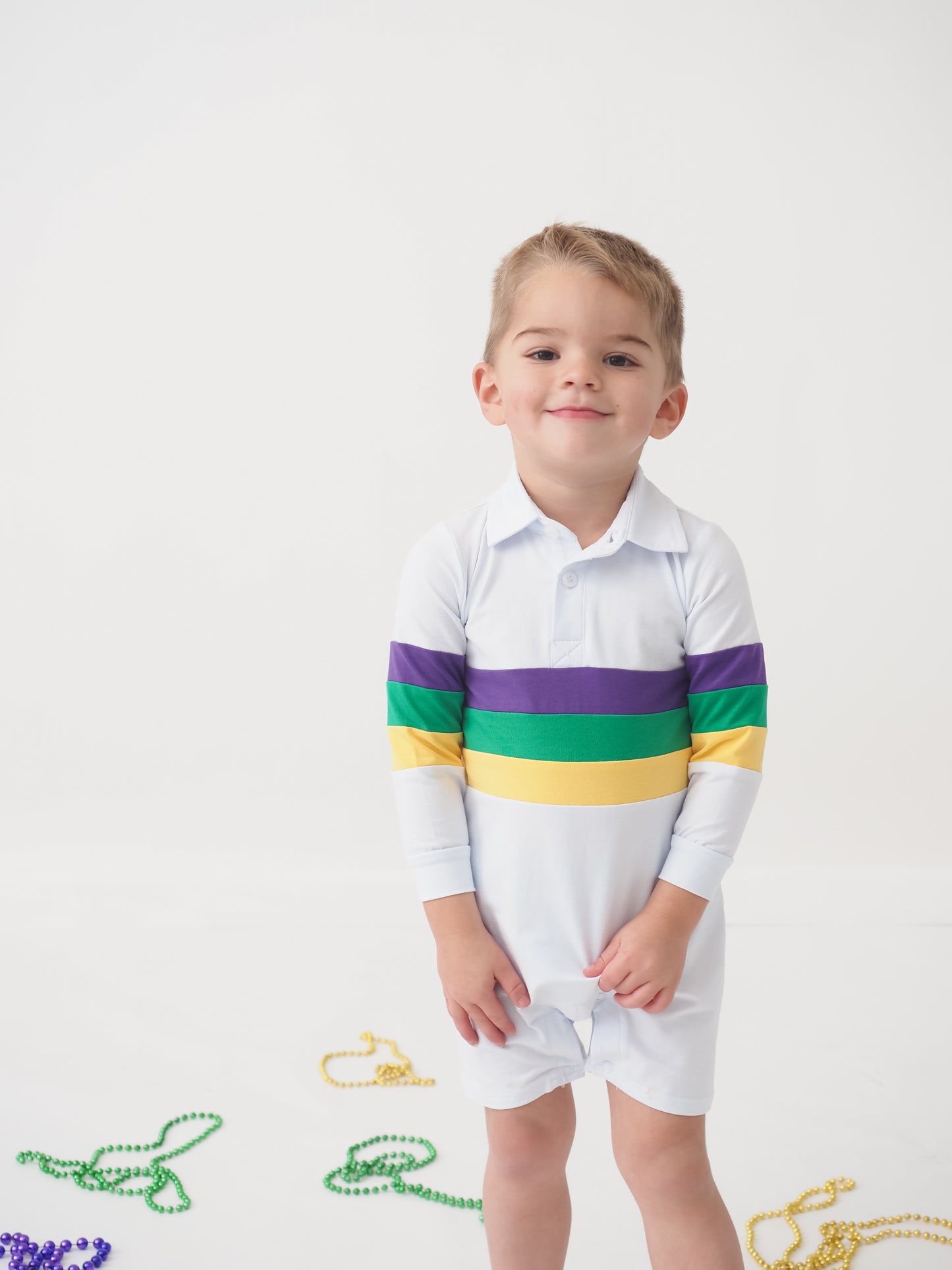 Cypress Row Baby Boys Mardi Gras Rugby Stripes on White Romper
