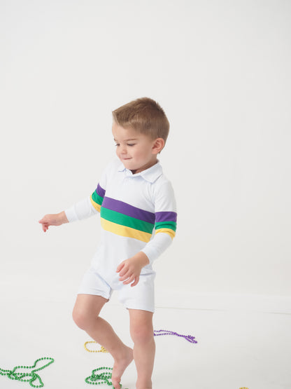 Cypress Row Baby Boys Mardi Gras Rugby Stripes on White Romper