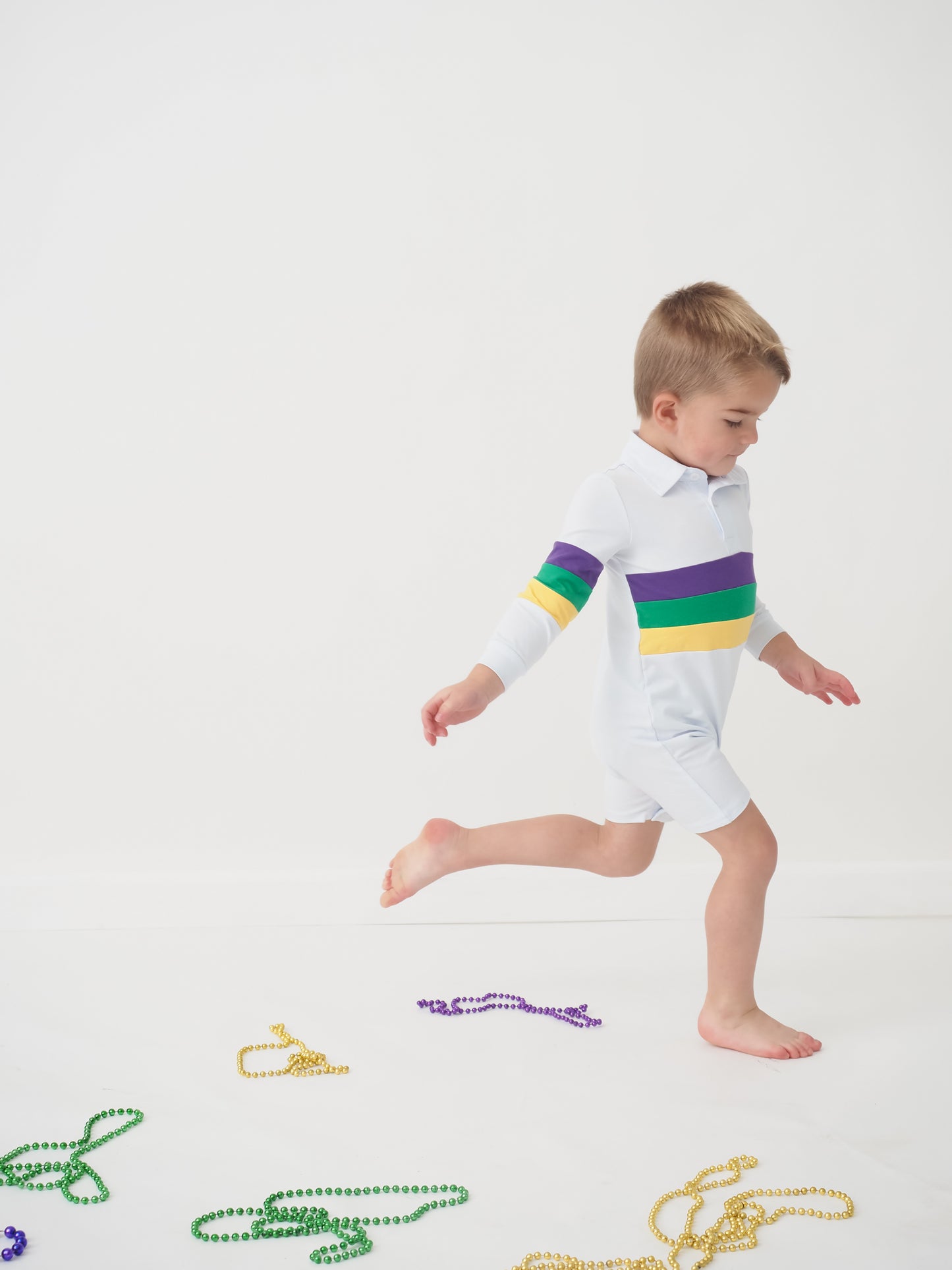 Cypress Row Baby Boys Mardi Gras Rugby Stripes on White Romper