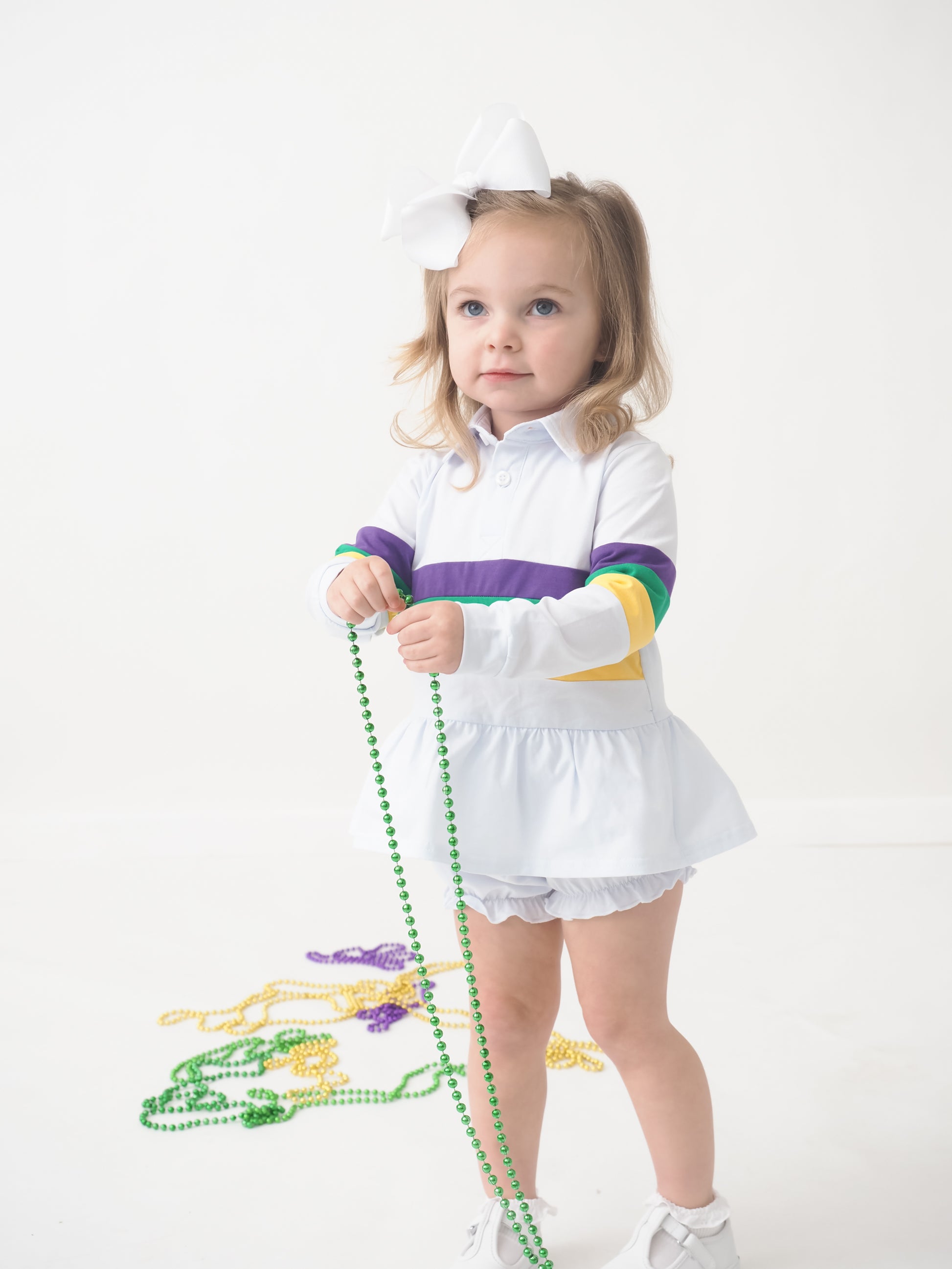Cypress Row Girls Mardi Gras Rugby Stripes Bubble Shorts Set