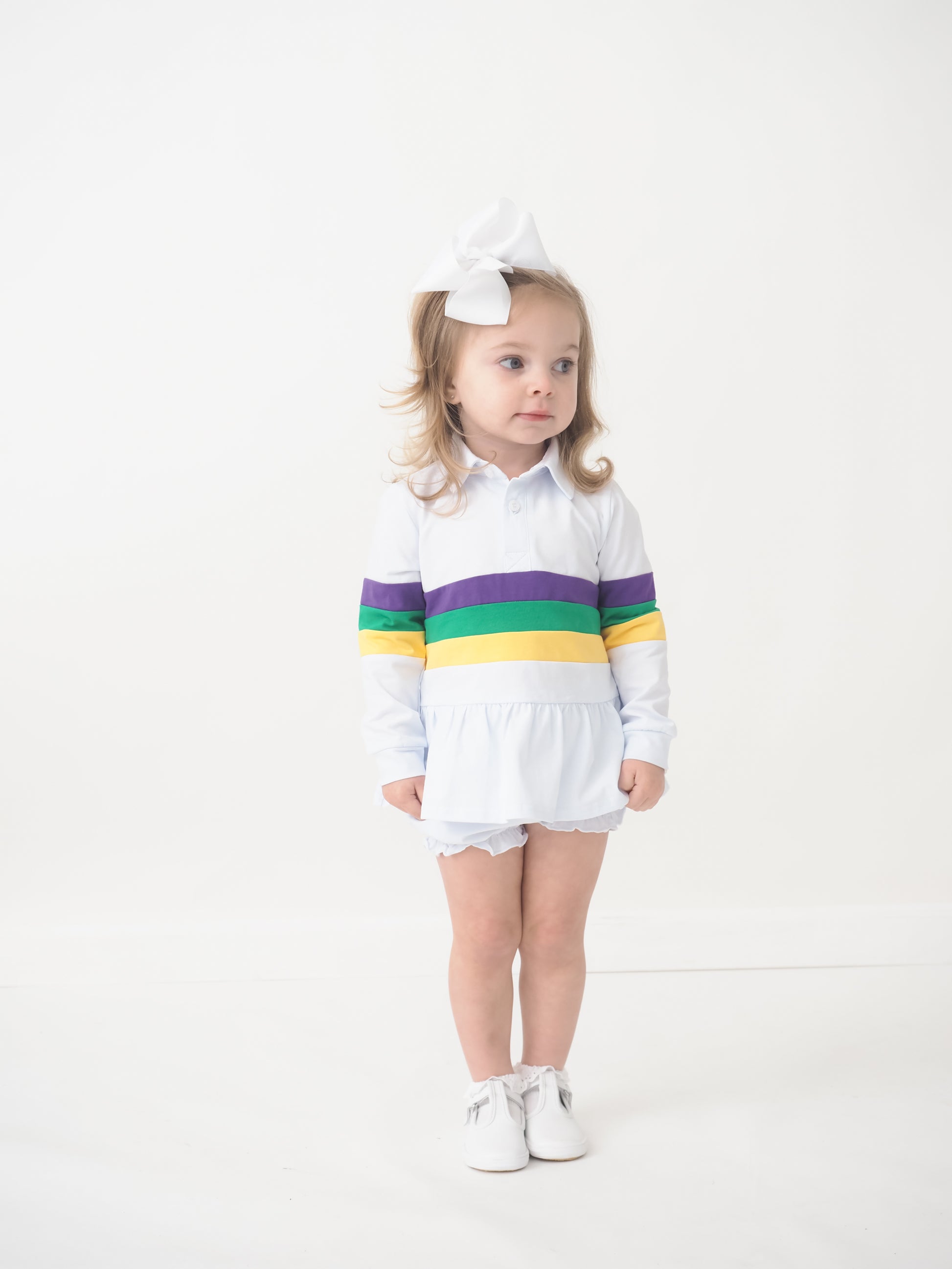 Cypress Row Girls Mardi Gras Rugby Stripes Bubble Shorts Set