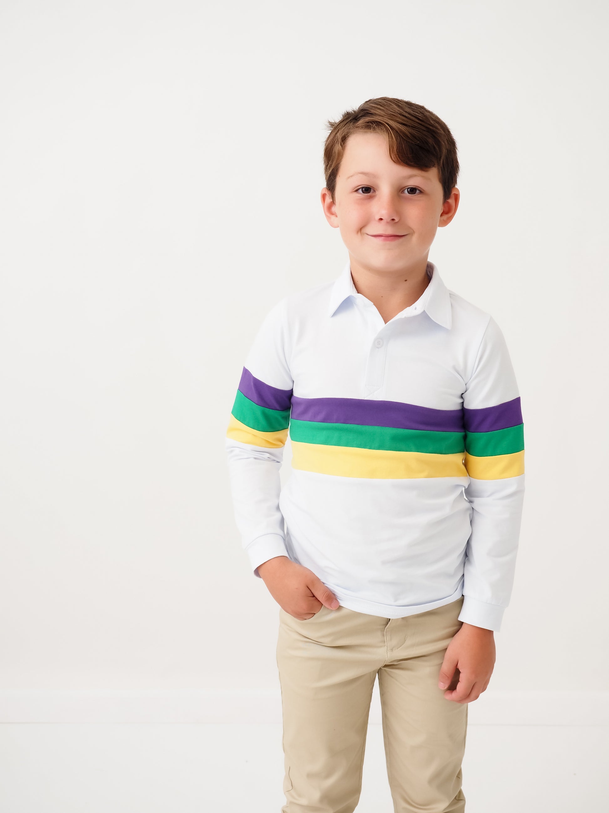 Cypress Row Boys Mardi Gras Rugby Stripes on White Polo Shirt