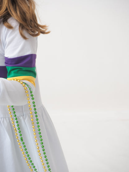 Cypress Row Girls Mardi Gras Rugby Stripes On White Dress with Collar