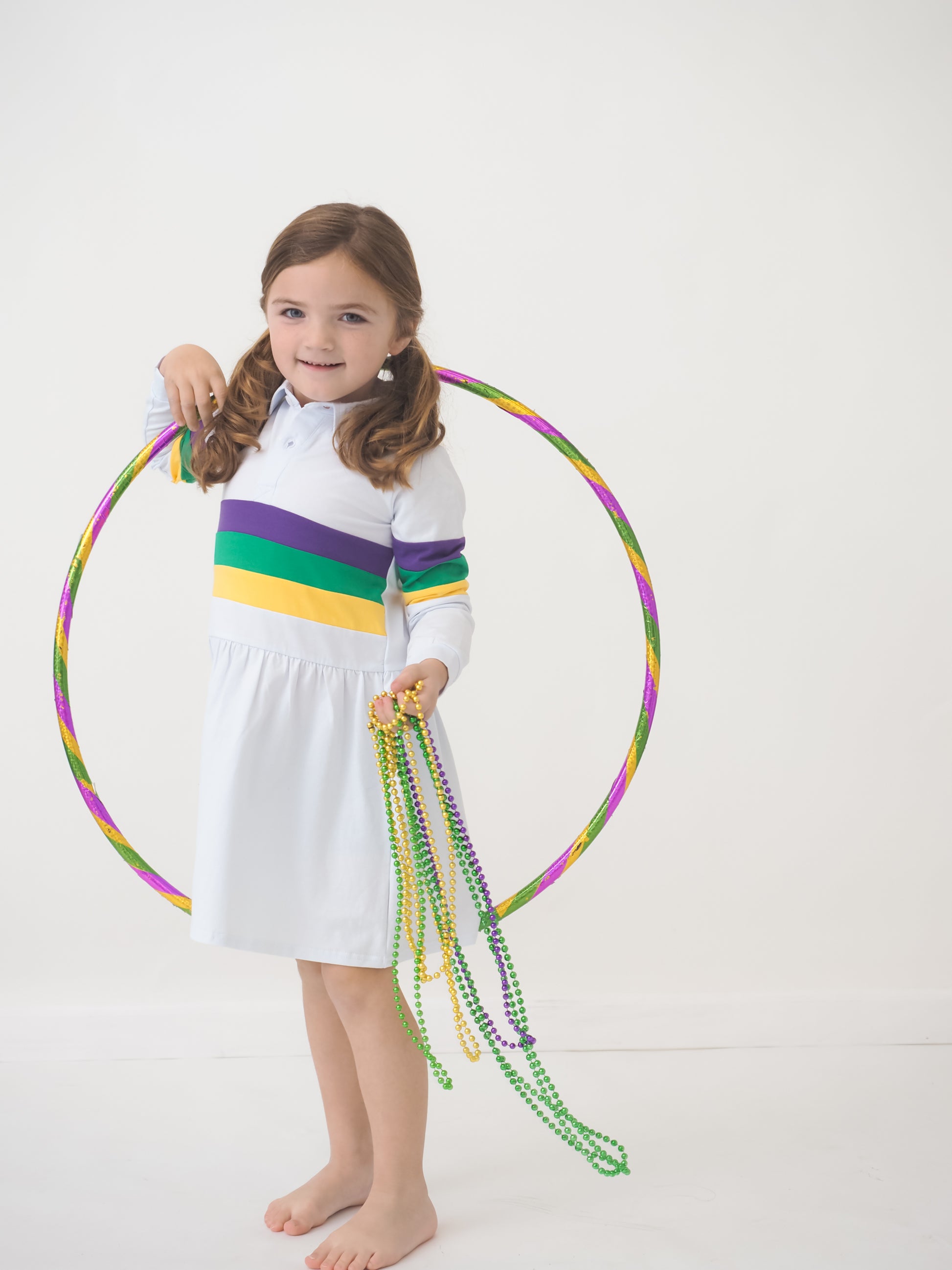 Cypress Row Girls Mardi Gras Rugby Stripes On White Dress with Collar