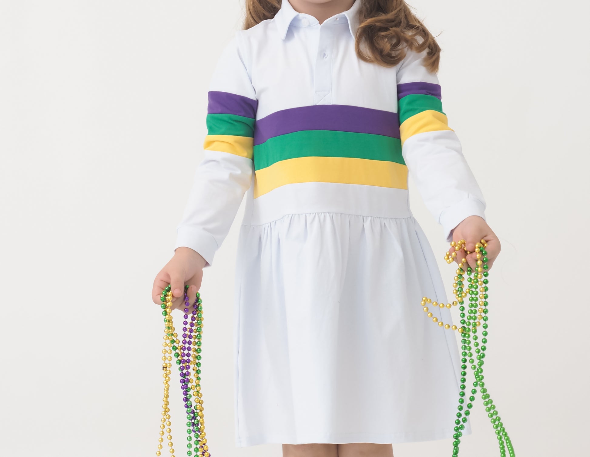 Cypress Row Girls Mardi Gras Rugby Stripes On White Dress with Collar