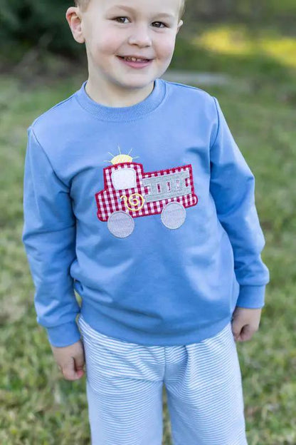 Trotter Street Kids Boys Blue French Terry Pullover - Fire Truck