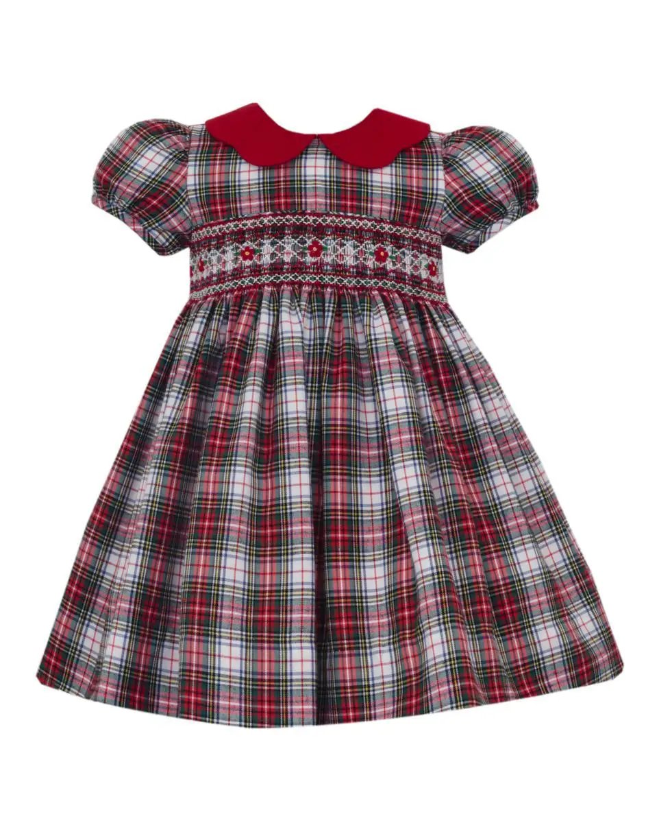 Anavini Girls Red & White Plaid Short Sleeve Float Dress with Red Scalloped Collar by Anavini
