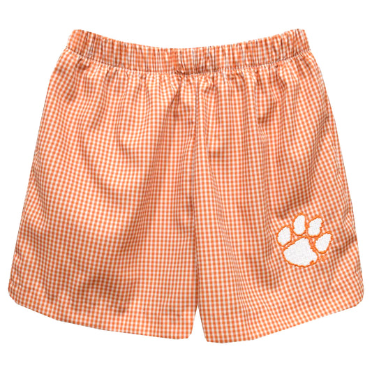 Orange checkered shorts with a white paw print on a white background