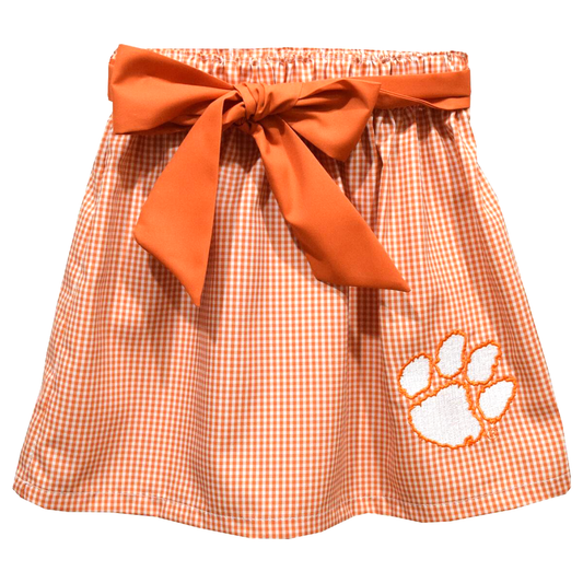 Vive la Fete Girls Embroidered Orange Gingham Skirt with Sash - Clemson Tiger Paw