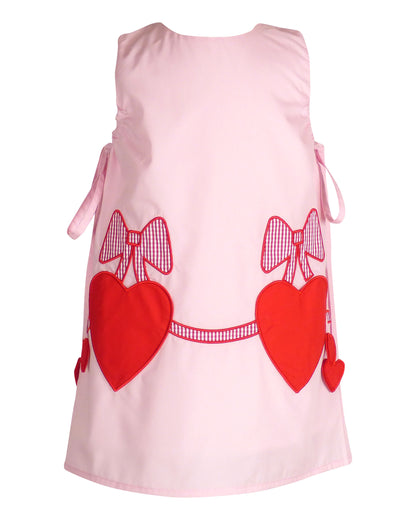 Yellow Lamb Girls Pink Emma Jumper Dress - Red Valentine Heart Pockets & Side Ties