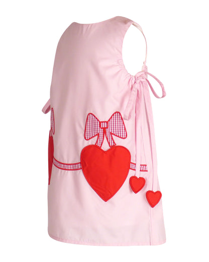Yellow Lamb Girls Pink Emma Jumper Dress - Red Valentine Heart Pockets & Side Ties