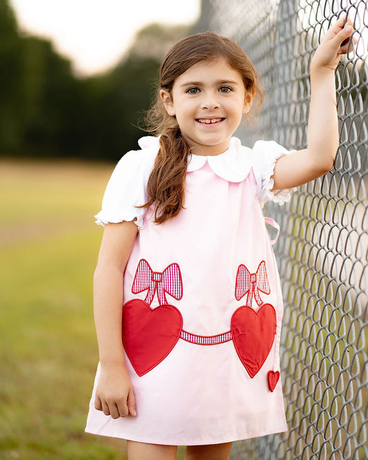 Yellow Lamb Girls Pink Emma Jumper Dress - Red Valentine Heart Pockets & Side Ties