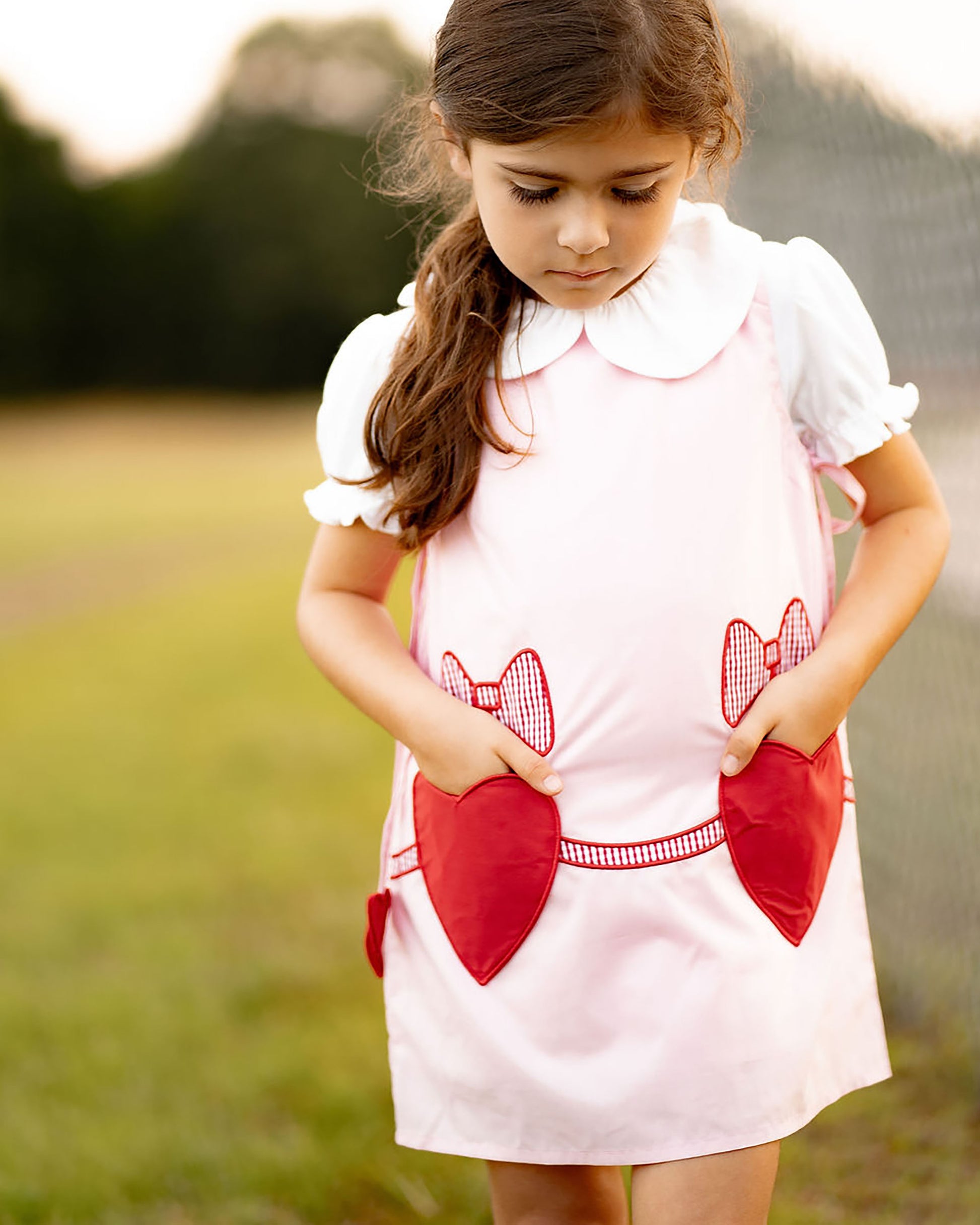 Yellow Lamb Girls Pink Emma Jumper Dress - Red Valentine Heart Pockets & Side Ties