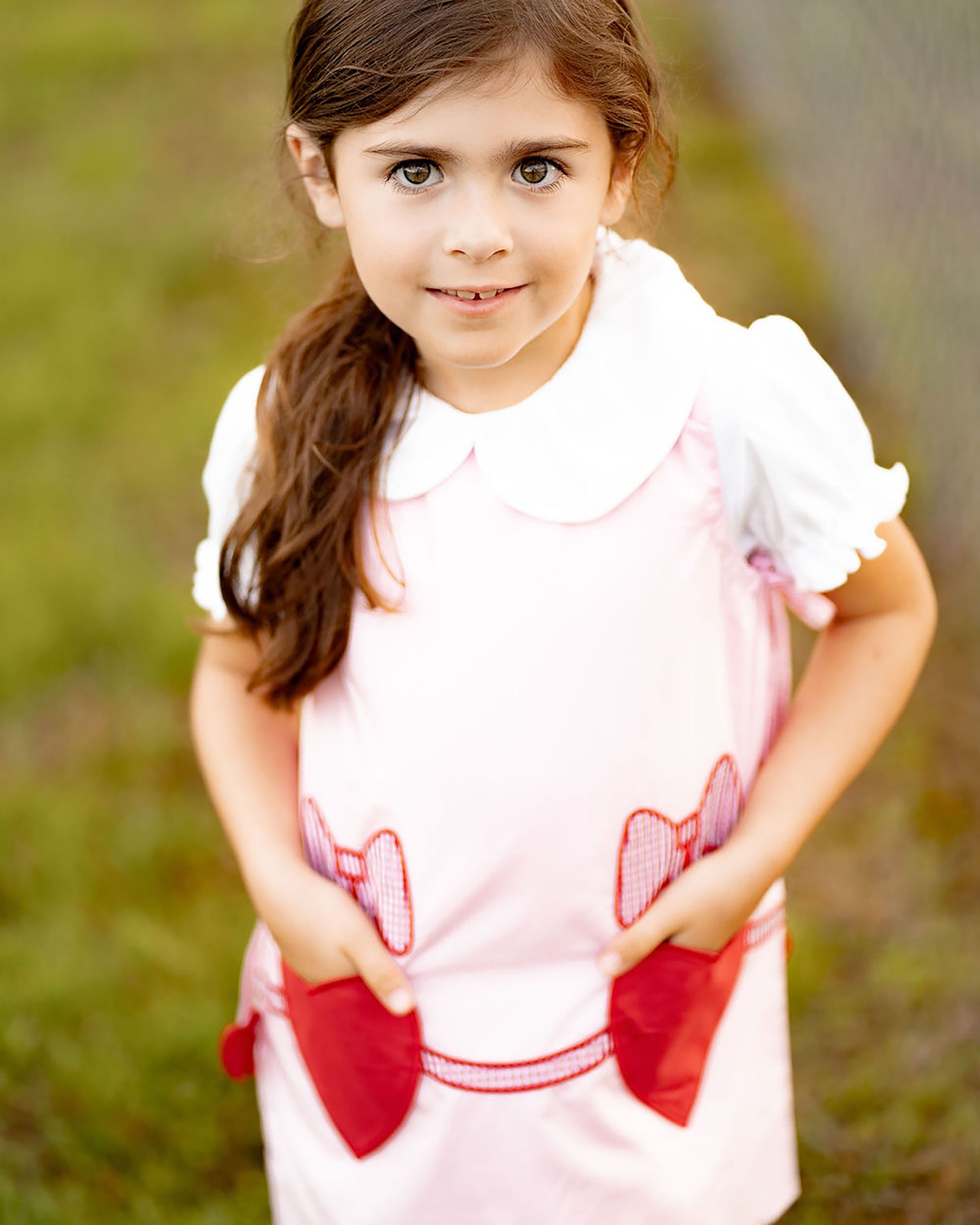 Yellow Lamb Girls Pink Emma Jumper Dress - Red Valentine Heart Pockets & Side Ties