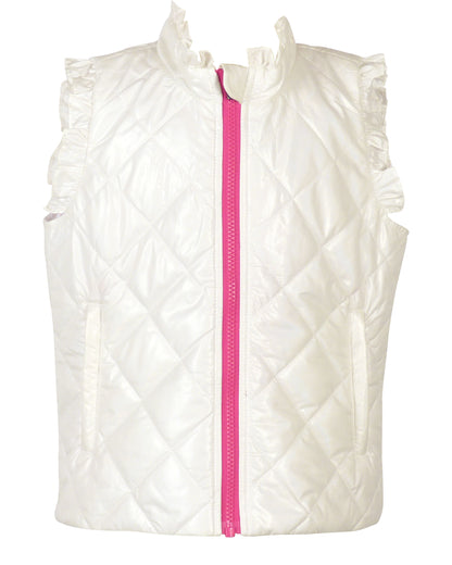Yellow Lamb Girls Quilted Vera Vest with Ruffles - Winter White Shimmer