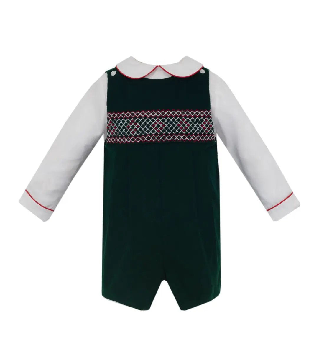 Anavini Boys Green Corduroy Smocked Shortall with Long Sleeve White Shirt