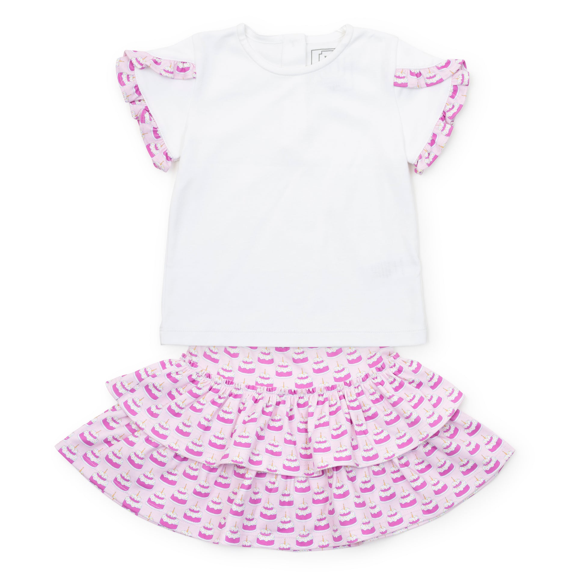 Lila & Hayes Girls Winnie Ruffle Skirt Set - Pink Birthday Cakes