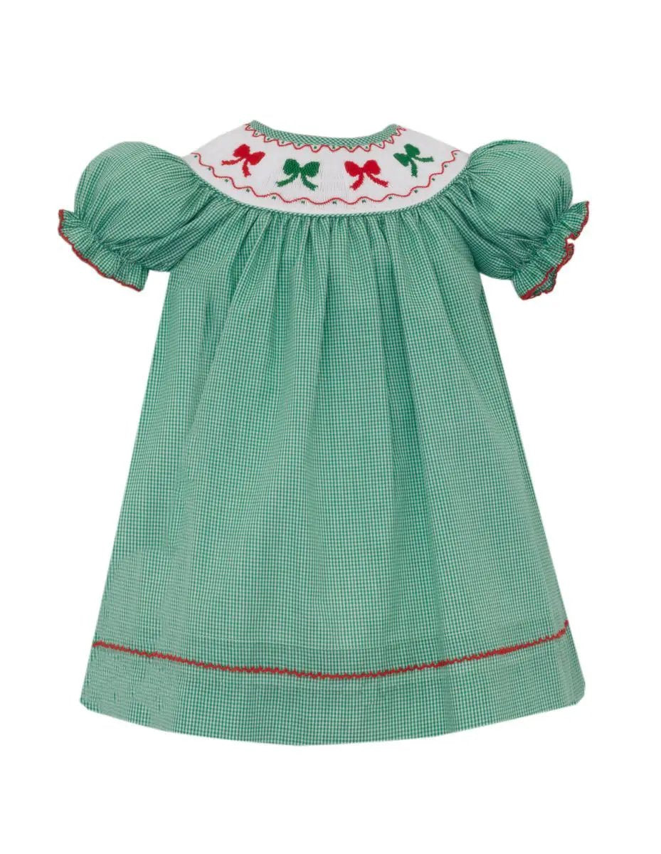 Anavini Girls Green Gingham Holiday Bows Short Sleeve Bishop Dress by Anavini
