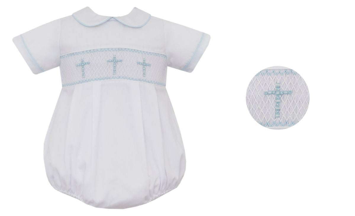 Anavini Baby Boys White Batiste Bubble with Smocked Light Blue Crosses