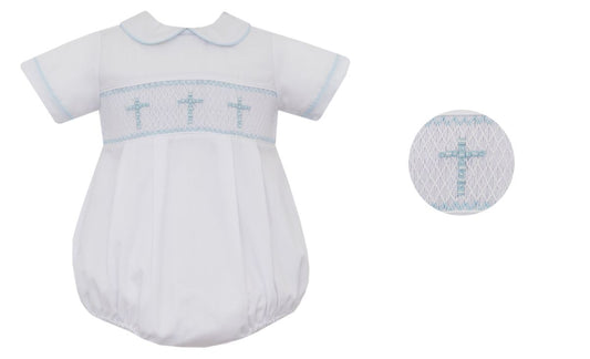 Anavini Baby Boys White Batiste Bubble with Smocked Light Blue Crosses by Anavini