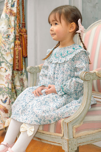 Antoinette Paris Girls Blue & Pink Floral Smocked Collar Dress