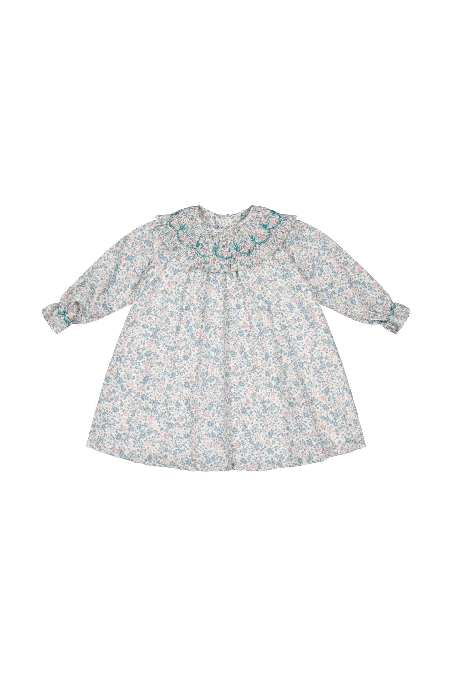 Antoinette Paris Girls Blue & Pink Floral Smocked Collar Dress