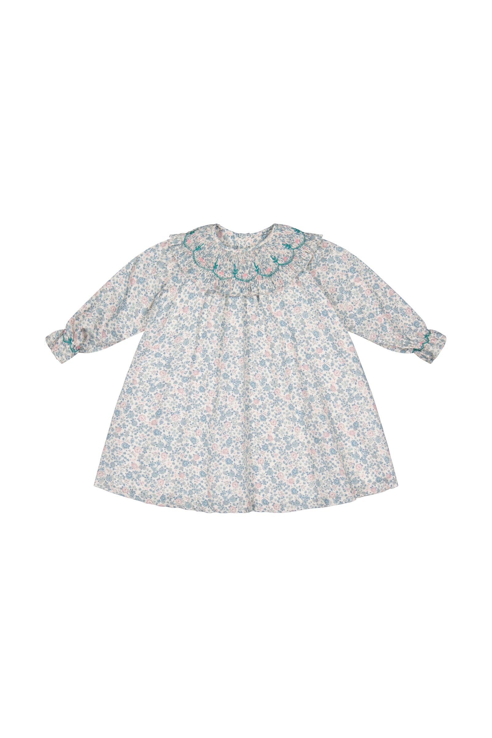 Antoinette Paris Girls Blue & Pink Floral Smocked Collar Dress