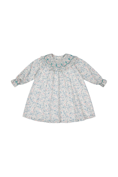 Antoinette Paris Girls Blue & Pink Floral Smocked Collar Dress