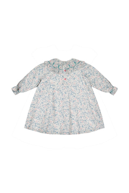 Antoinette Paris Girls Blue & Pink Floral Smocked Collar Dress