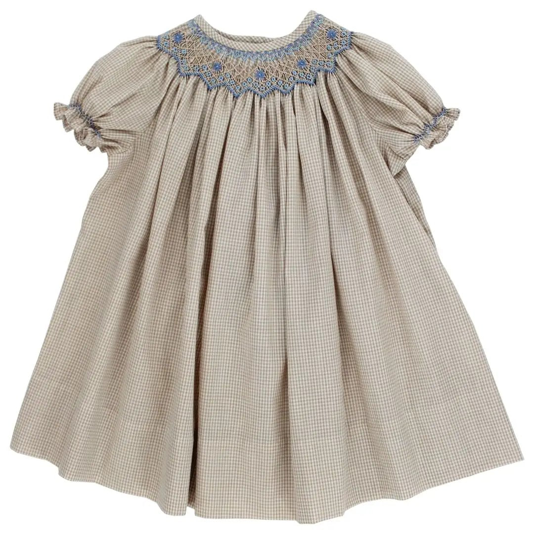 Bailey Boys Girls Khaki Check Bishop Dress with Blue Floral